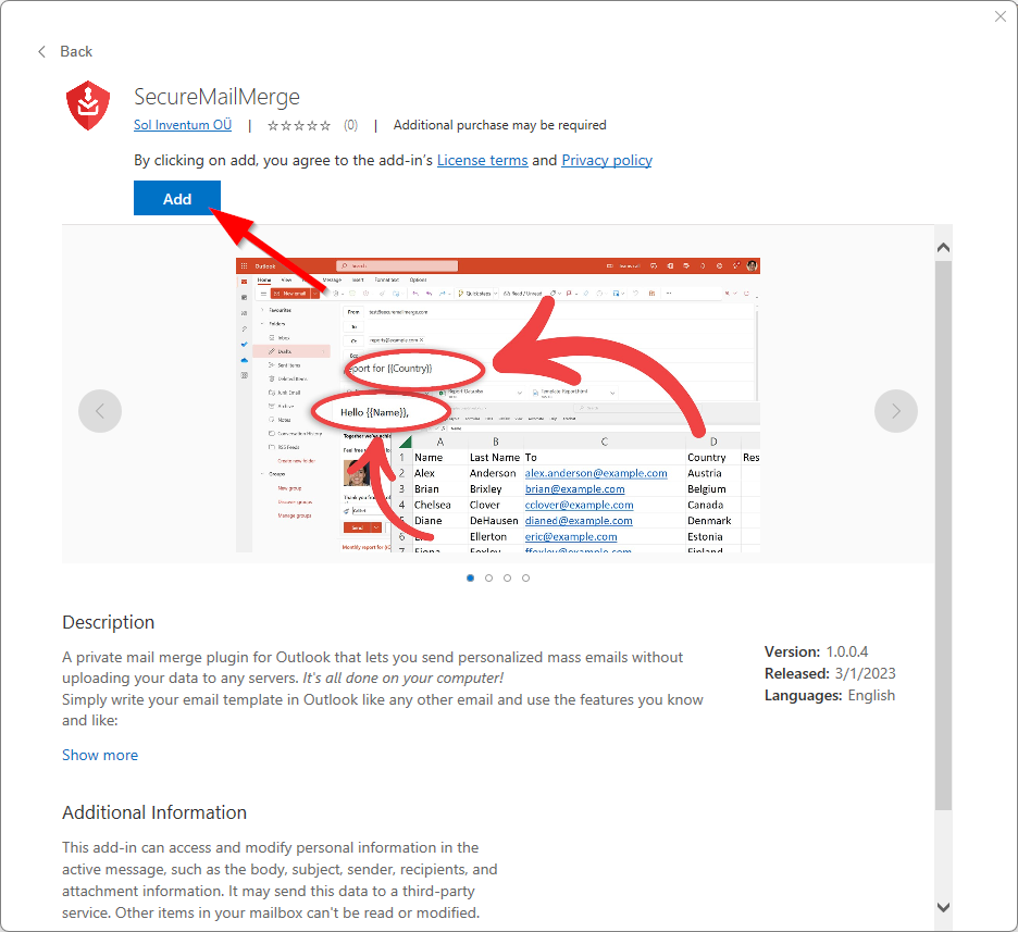 Screenshot der Produktseite des Office Add-Ins SecureMailMerge