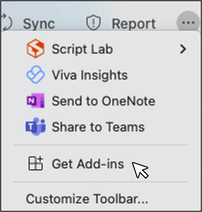Screenshot des Get-Add-Ins-Buttons in Microsoft Outlook auf macOS