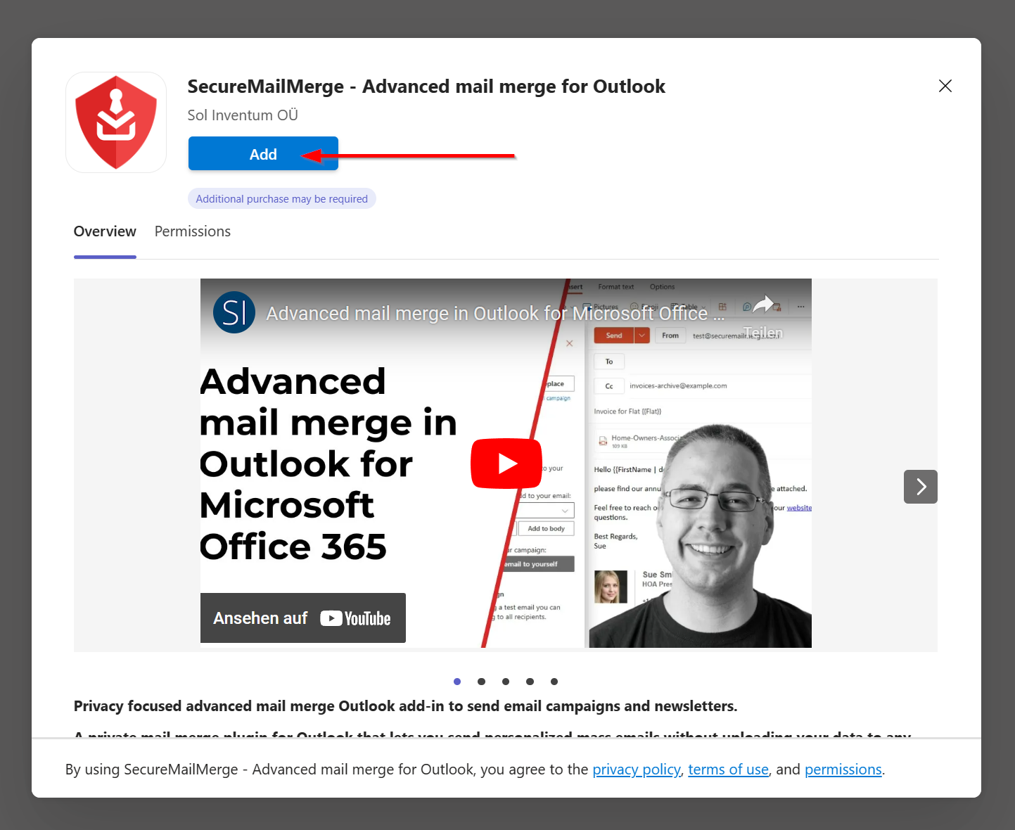 Screenshot des SecureMailMerge-Anwendungsfeldes in AppSource