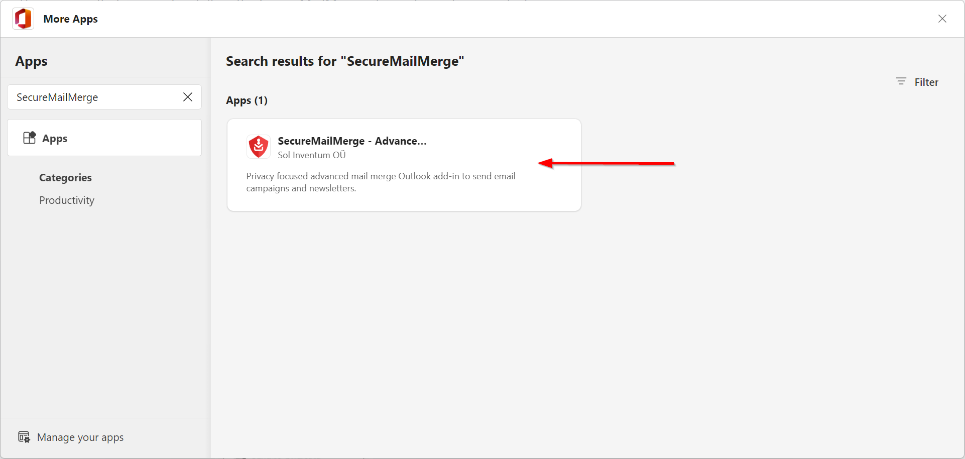 Screenshot des SecureMailMerge-Suchergebnisses in AppSource