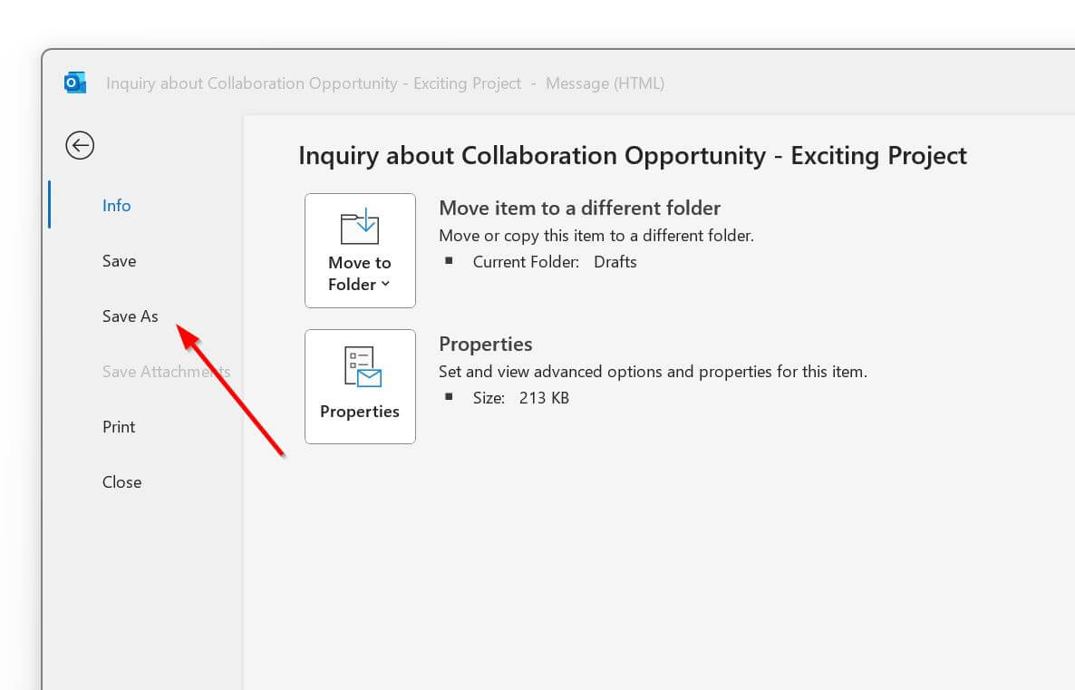 Screenshot des Menüs "Datei speichern unter" in Outlook