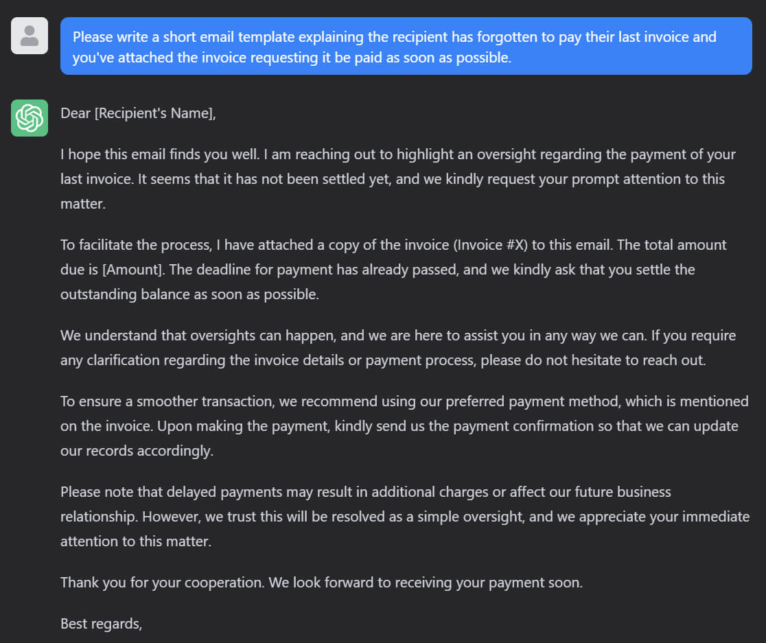 Eine ChatGPT-Antwort, die Ihnen einen E-Mail-Text zum Starten gibt